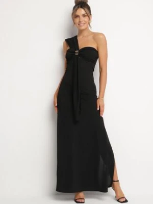 Czarna Koktajlowa Taliowana Sukienka na Jedno Ramię z Metaliczną Ozdobą Divalline allyson