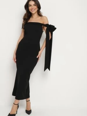 Czarna Koktajlowa Taliowana Sukienka Ozdobiona Kokardą Emallle messaya