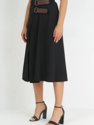 Czarna Kopertowa Spódnica Midi z Gumką w Pasie i Ozdobnymi Paskami Melirine