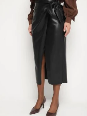 Czarna Kopertowa Spódnica z Imitacji Skóry z Wiązaniem i Marszczeniem Seolisse new collection
