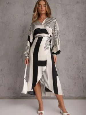Czarna Kopertowa Sukienka Kimono Wiązana w Talii Ozdobiona Geometrycznym Wzorem Erostta bisou's project