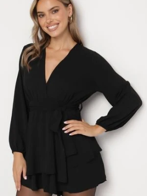 Czarna Kopertowa Sukienka Kombinezon Mini z Falbanką Bomina j studio