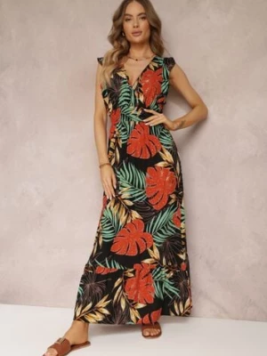 Czarna Kopertowa Sukienka Maxi z Wiskozy z Gumkami w Talii Leamone cflo