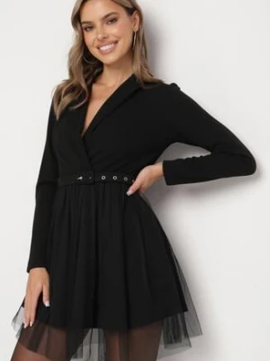 Czarna Kopertowa Sukienka Mini z Paskiem i Tiulem na Dole Anaida pretty