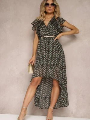 Czarna Kopertowa Sukienka o Rozkloszowanym Kroju z Gumką w Pasie i Falbanką Tiamina rosa