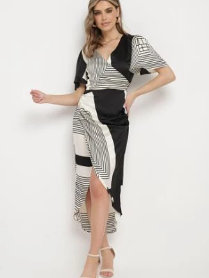 Czarno-Biała Kopertowa Sukienka Satynowa z Geometrycznym Wzorem i Gumką w Pasie Gramelia retro & icone