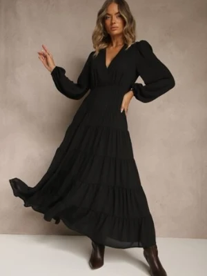 Czarna Kopertowa Sukienka Vices o Rozkloszowanym Kroju Resvima