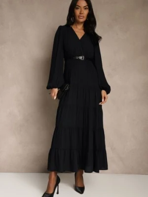Czarna Kopertowa Sukienka Vices o Rozkloszowanym Kroju Resvima