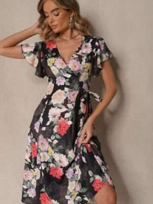 Czarna Kopertowa Sukienka w Kwiaty Atesalia lovery