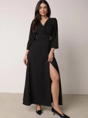 Czarna Kopertowa Sukienka Wieczorowa z Metaliczną Aplikacją w Talii Henalana vices