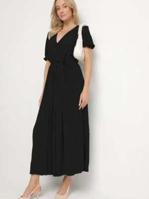 Czarna Kopertowa Sukienka z Bawełną i Paskiem Ivellevia h&s