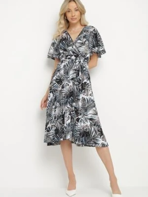 Czarna Kopertowa Sukienka z Bawełną o Rozkloszowanym Kroju z Paskiem Aulinea defox