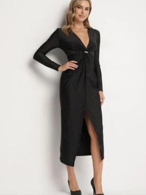 Czarna Kopertowa Sukienka z Cyrkoniową Aplikacją Ceasia allyson