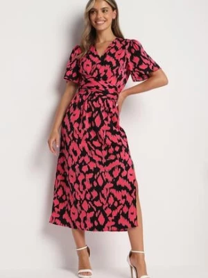 Czarno-Różowa Kopertowa Sukienka z Gumką w Pasie i Materiałowym Paskiem z Ozdobnymi Wycięciami Agea retro & icone