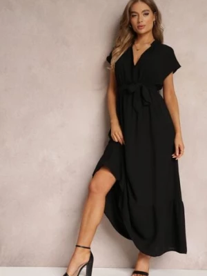 Czarna Kopertowa Sukienka z Gumką w Talii i Wiązaniem Mylelse cflo