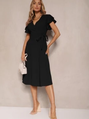 Czarna Kopertowa Sukienka z Rozkloszowanym Dołem i Ozdobnym Wiązaniem Dannola new collection