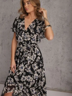 Czarna Kopertowa Sukienka z Wiązanym Paskiem w Kwiatowy Print z Brokatem Runewea m&d fashion