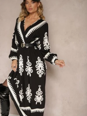 Czarna Kopertowa Sukienka z Wiskozą w Etniczny Wzór z Gumką i Paskiem w Talii Tifissa rosa