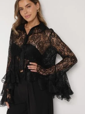 Czarna Koronkowa Koszula Ozdobiona Falbankami Ezirena