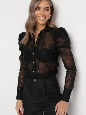 Czarna Koronkowa Koszula z Przezroczystego Materiału Ozdobiona Cekinami Meligura elsa.m by may