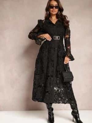 Czarna Koronkowa Maxi Sukienka o Rozkloszowanym Fasonie Sedumma lovery