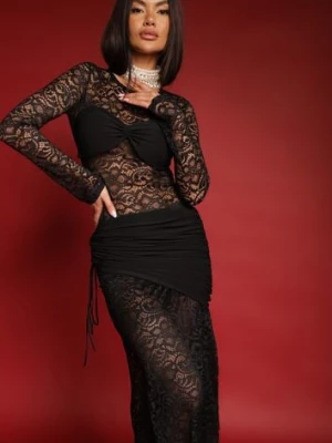 Czarna Koronkowa Sukienka Dopasowana Ozdobiona Marszczeniem z Usztywnionymi Miseczkami Temitta allyson