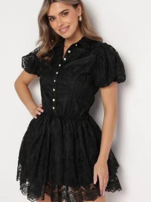 Czarna Koronkowa Sukienka Mini w Kwiaty z Bufiastymi Rękawami Cervi elsa.m by may