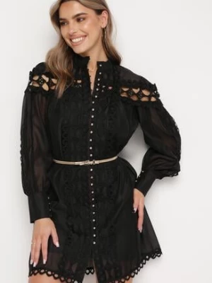 Czarna Koronkowa Sukienka Mini z Paskiem i Guzikami Nyloni lovery