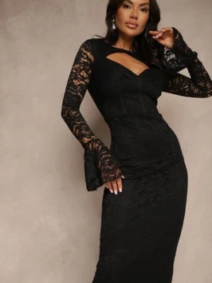 Czarna Koronkowa Sukienka o Dopasowanym Kroju z Rozszerzanymi Rękawami Seliriel allyson
