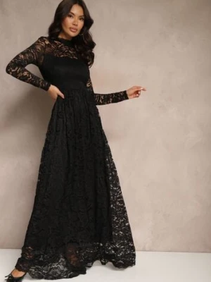Czarna Koronkowa Sukienka o Rozkloszowanym Kroju ze Stójką i Gumką w Pasie Delidra allyson