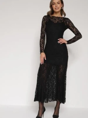 Czarna Koronkowa Sukienka Taliowana z Odkrytymi Plecami Talifera