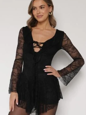 Czarna Koronkowa Sukienka Wieczorowa z Wiązaniem przy Dekolcie Ferolena