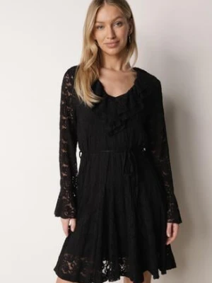Czarna Koronkowa Sukienka z Cienkim Paskiem i Rozkloszowanymi Rękawami Jovaila bisou's project
