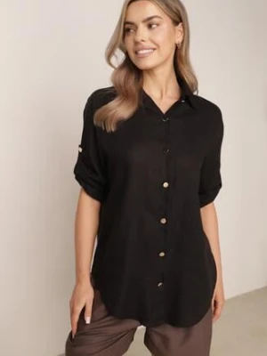 Czarna Koszula Casual z Wiskozą i Lnem z Rękawami 3/4 Linyana rosita