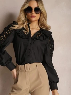 Czarna Koszula na Guziki z Ażurowymi Wstawkami i Falbanką Nalthea elsa.m by may
