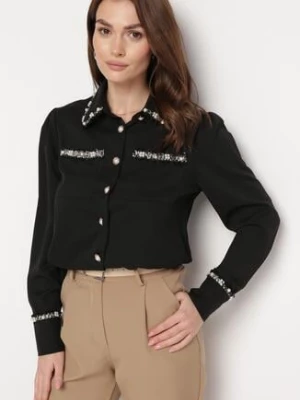 Czarna Koszula o Klasycznym Fasonie z Perełkami Novellia