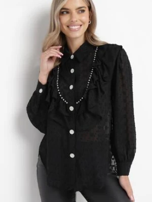 Czarna Koszula Plumeti z Błyszczącą Nitką i Falbankami Banie elsa.m by may