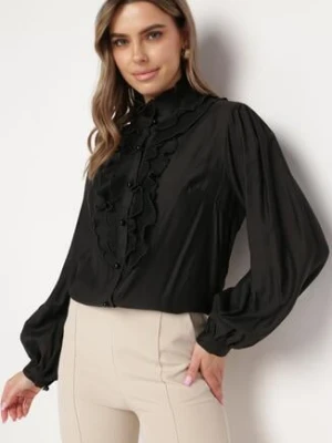 Czarna Koszula Retro z Falbankami i Perełkami Przy Dekolcie i Guzikach Nimue elsa.m by may