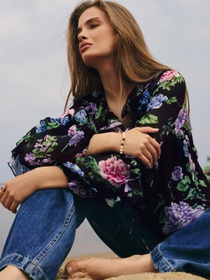 Czarna koszula w kwiaty z wiskozy TARANKO