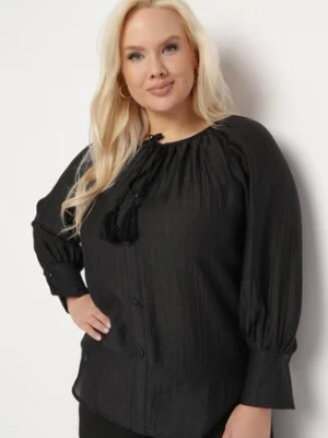 Czarna Koszula Wiskozowa z Guzikami Ozdobnymi i Troczkami Aulina christy