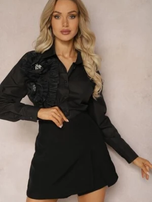 Czarna Koszula z Aplikacjami w Kształcie Kwiatów z Cyrkoniami i Falbanką Loralei elsa.m by may