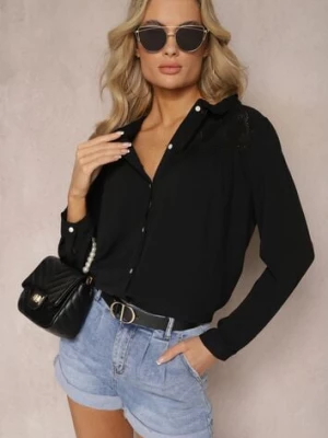 Czarna Koszula z Ażurową Wstawką przy Dekolcie Vitamis melya by melody