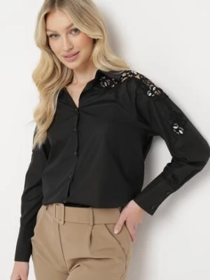 Czarna Koszula z Ażurowymi Wstawkami Ozdobiona Cyrkoniami i Kryształkami Gonie elsa.m by may