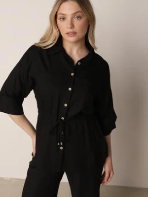 Czarna Koszula z Bawełną i Lnem Ozdobiona Wycięciami i Ściągana w Pasie Harwinds m&d fashion