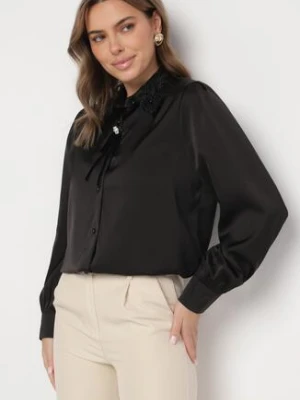 Czarna Koszula z Bufiastymi Rękawami Ozdobnym Kołnierzykiem i Broszką Gonadria elsa.m by may