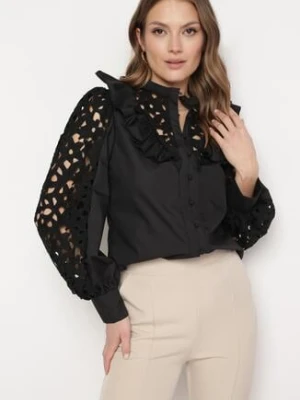 Czarna Koszula z Falbanką i Ażurowymi Rękawami Phaelin elsa.m by may