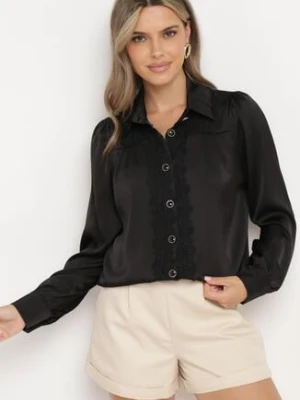 Czarna Koszula z Kołnierzem i Wstawkami z Koronki Thaffi elsa.m by may