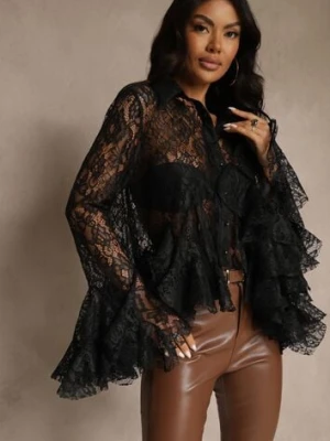 Czarna Koszula z Koronki z Falbankami Ezifina
