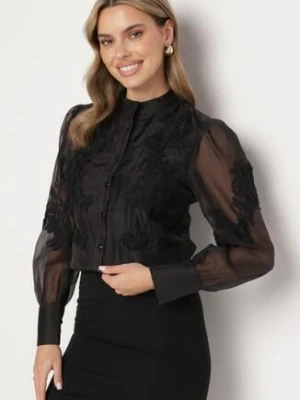 Czarna Koszula z Siateczkowym Rękawem i Ażurową Koronką i Perełkami Sindomi elsa.m by may