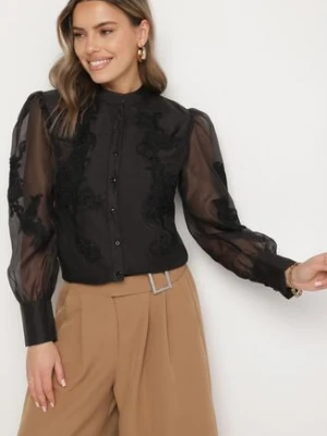 Czarna Koszula z Siateczkowym Rękawem i Ażurową Koronką i Perełkami Sindomi elsa.m by may